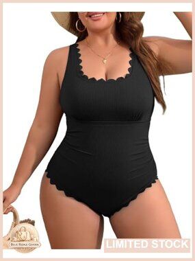 Tummy Control Scalloped Ribbed One Piece Swimsuit Plus Size Ruched Bathing Suit